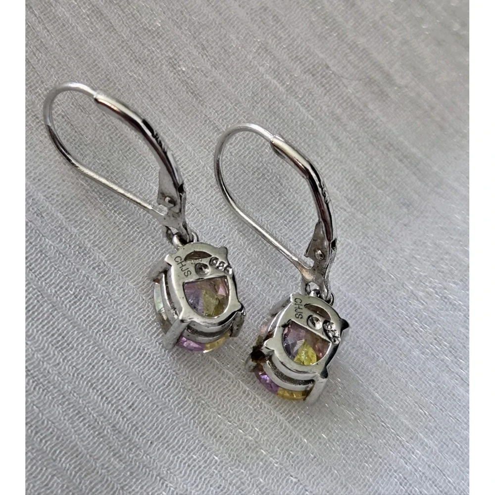 Lucky Topaz‎ Iridescent Dangle Gemstone Sterling Silver 925 Earrings Signed CHJS